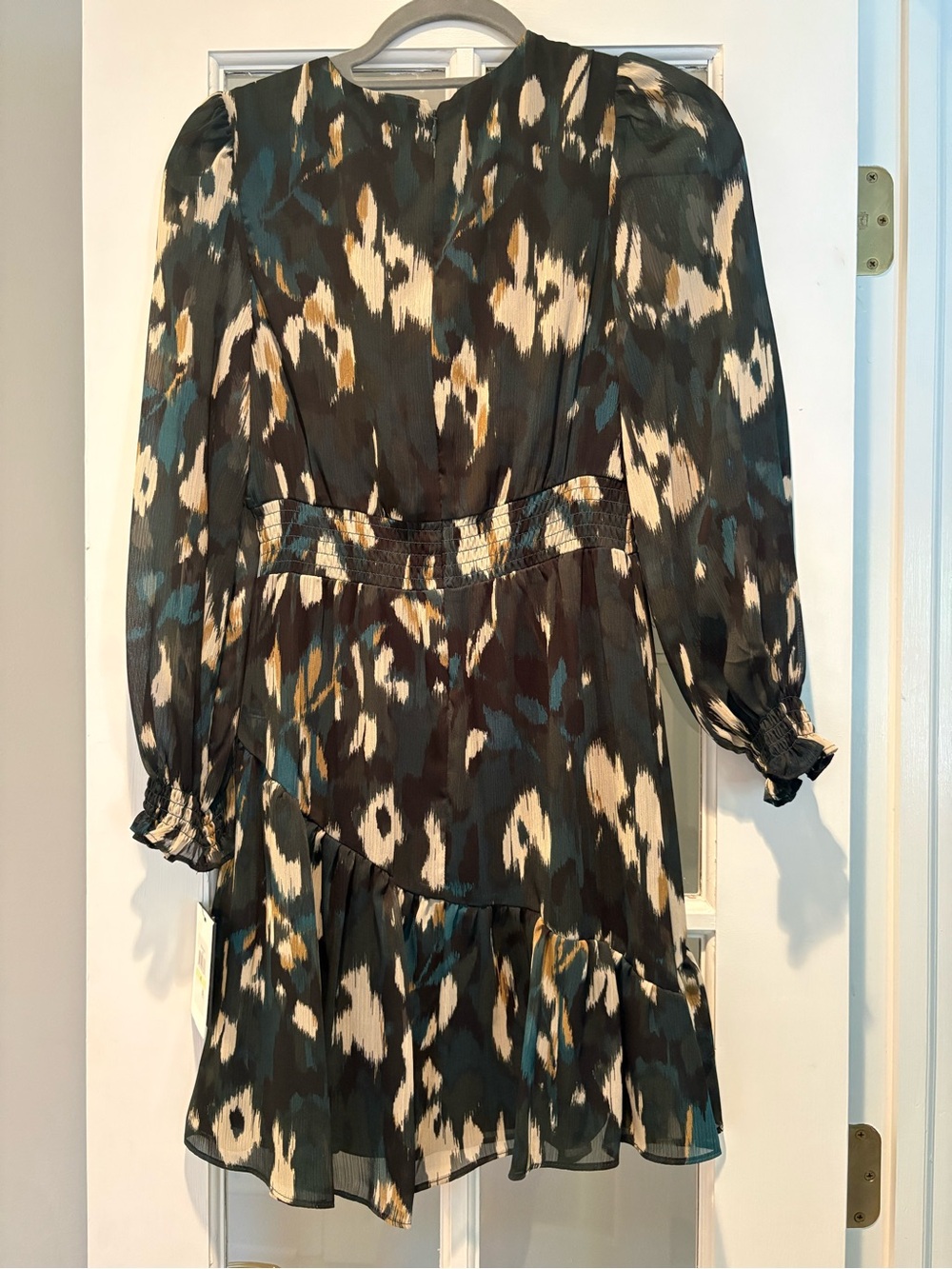 DKNYC Teal and Cream Abstract Print Long-Sleeve Ruffle Dress